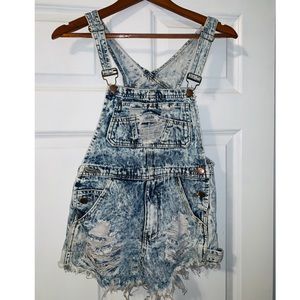 Destroyed Denim Short Overalls